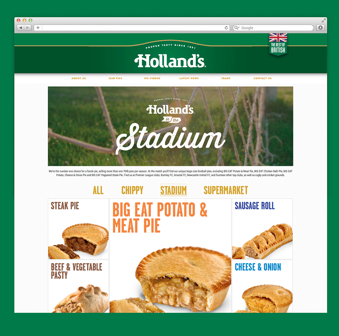 Holland's website redesign stadium pies page