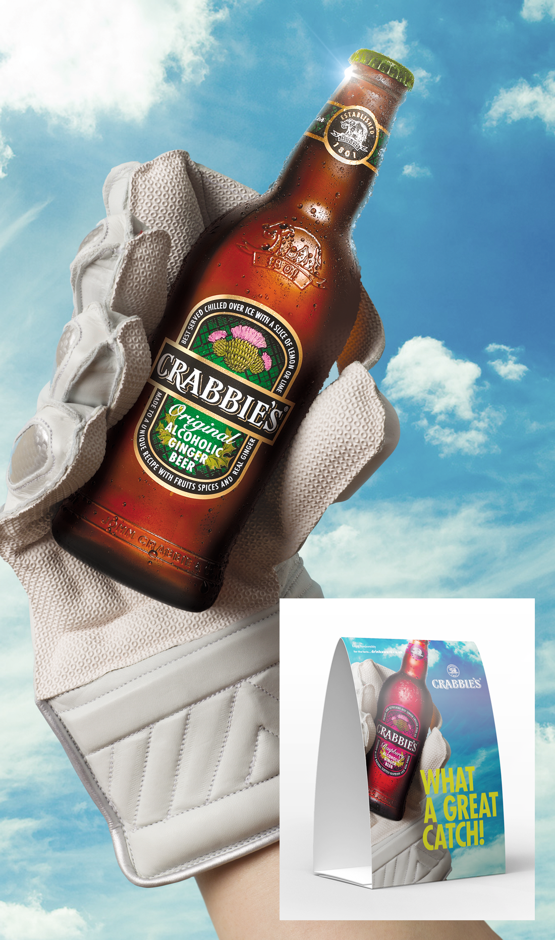 crabbies in cricket glove with tent card
