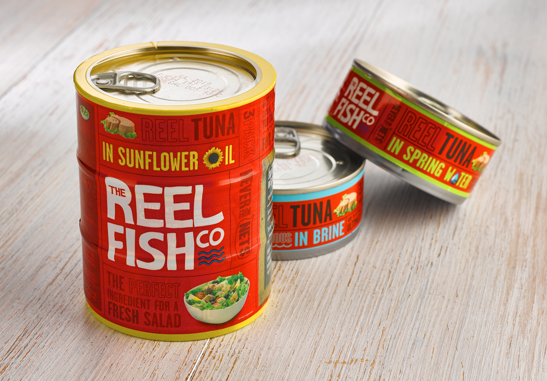 reel fish tuna shrink wrap and cans separate